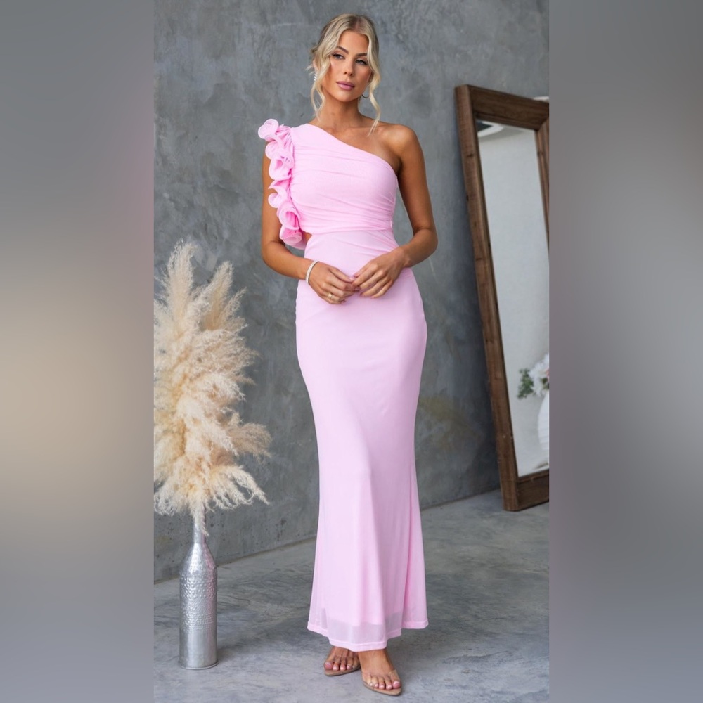 One-Shoulder Pink Floral-Trim Evening Dress